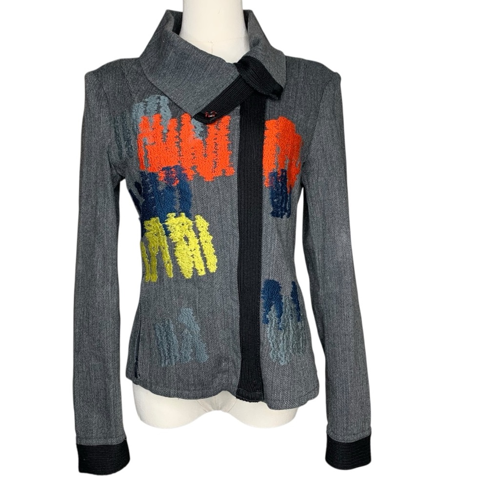 Aventure Des Toiles Abstract Colorblock Embroidery Jacket Zip Pockets Collar
